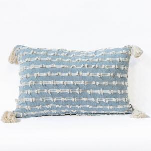 Blue And Ivory Textured With Tassels Rectangular Cushion Cover