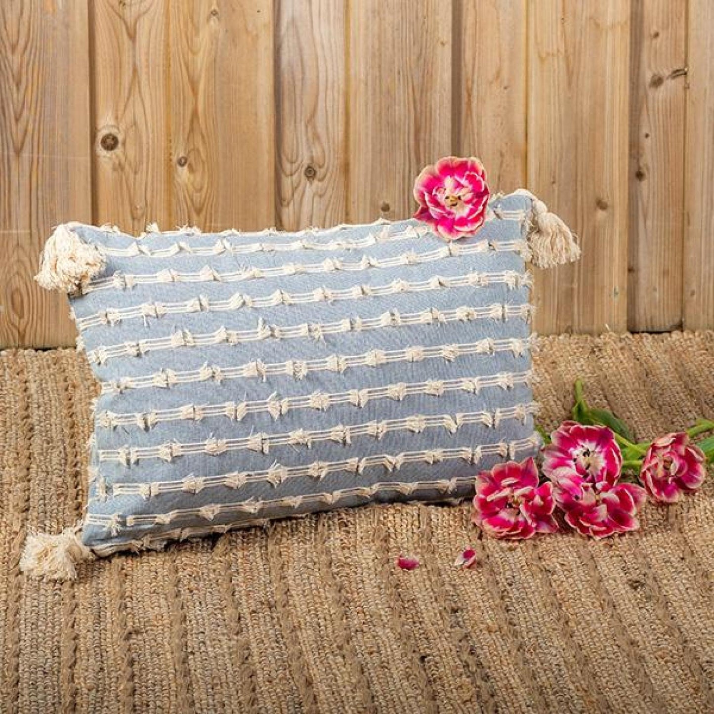 Blue And Ivory Textured With Tassels Rectangular Cushion Cover