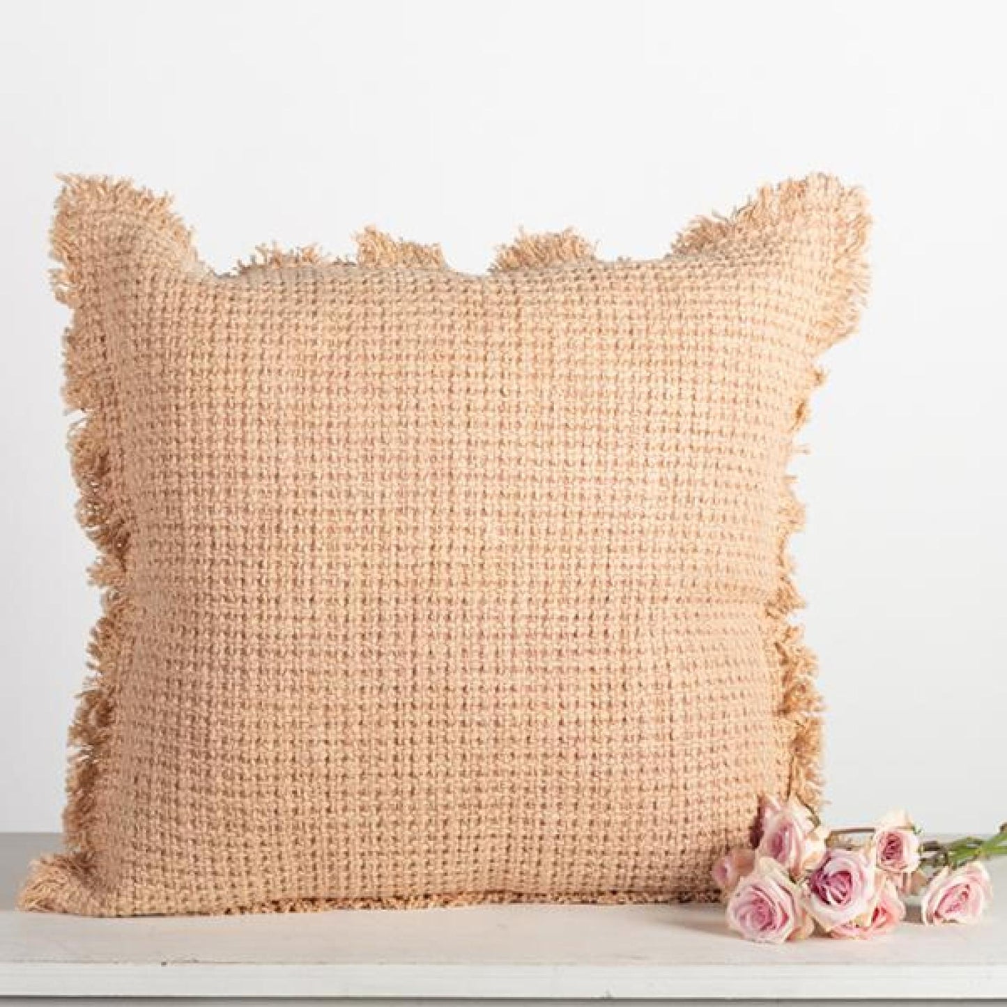Beige Cotton With Fringe Cushion Cover