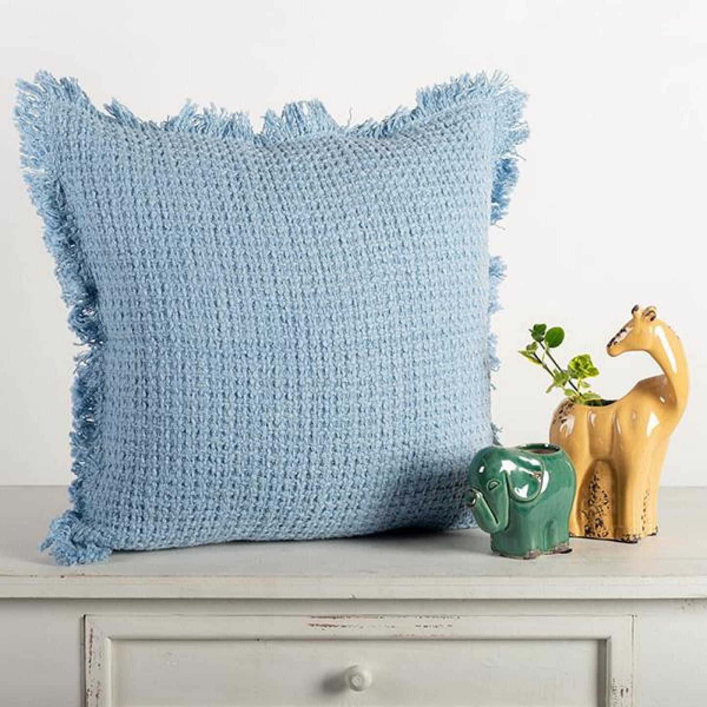 Blue Cotton With Fringe Cushion Cover