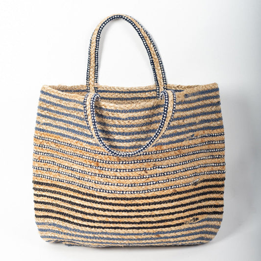 Striped With Handles Jute Tote Bag