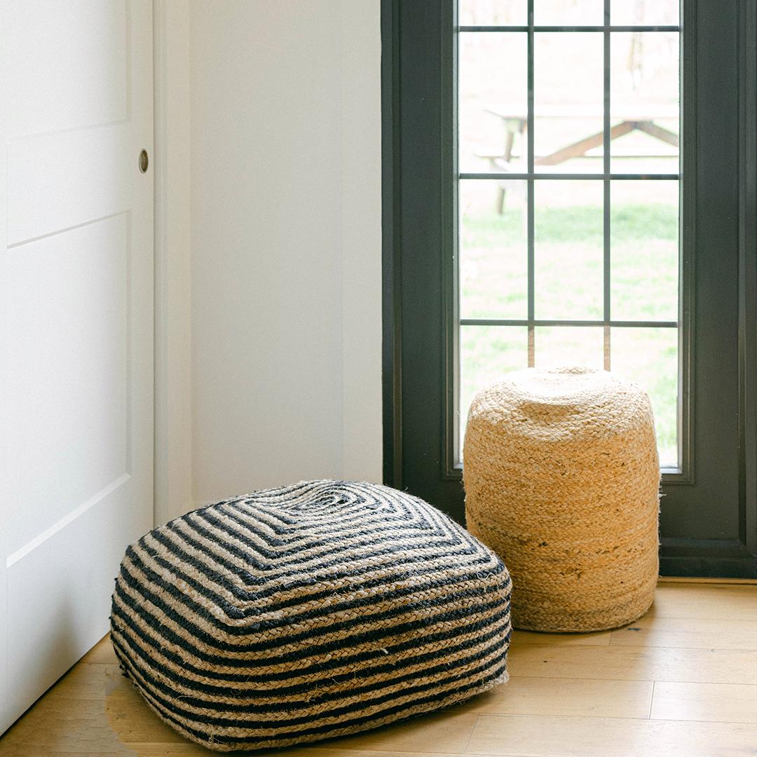 Jute Black And Beige Striped Pouf Stool