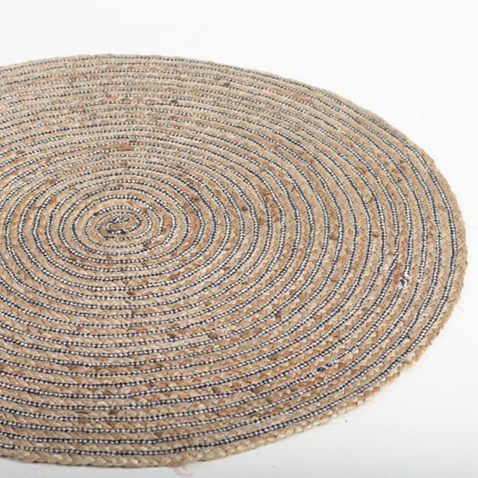 Natural With Navy Blue And White Stripes Round Rug