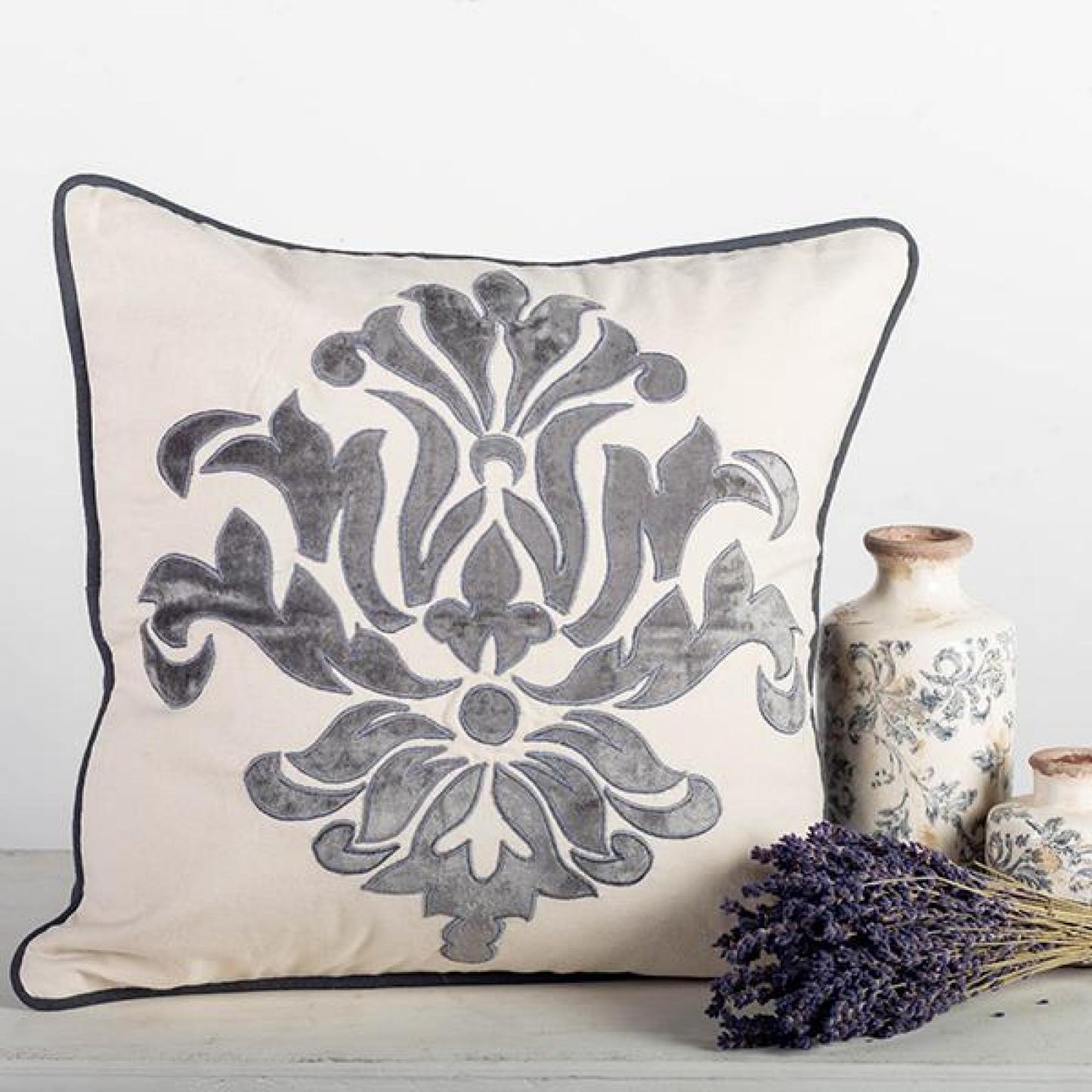 Beige With Gray Velvet Applique Cushion Cover