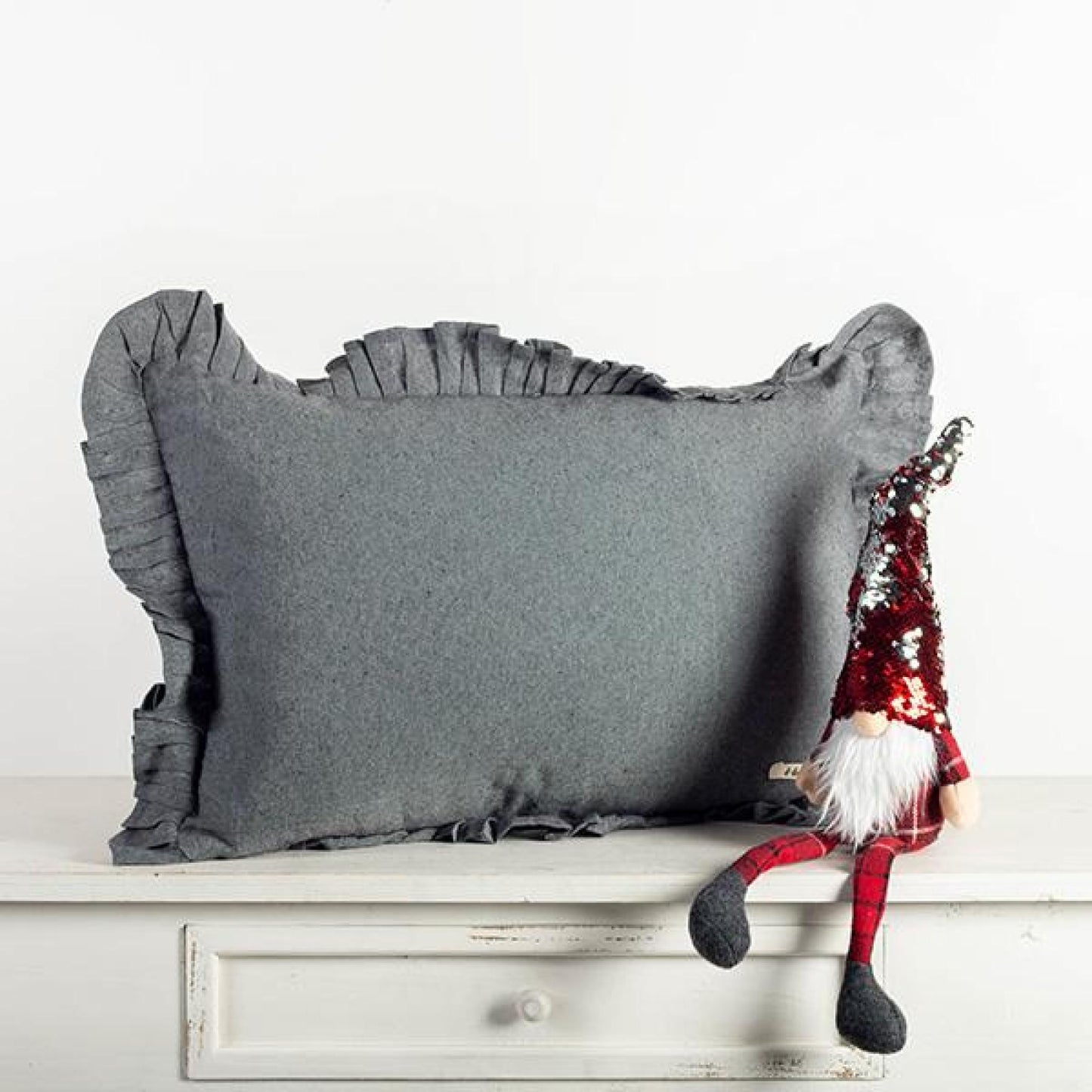 Rectangular Gray With Ruffled Pleated Edges Cushion Cover