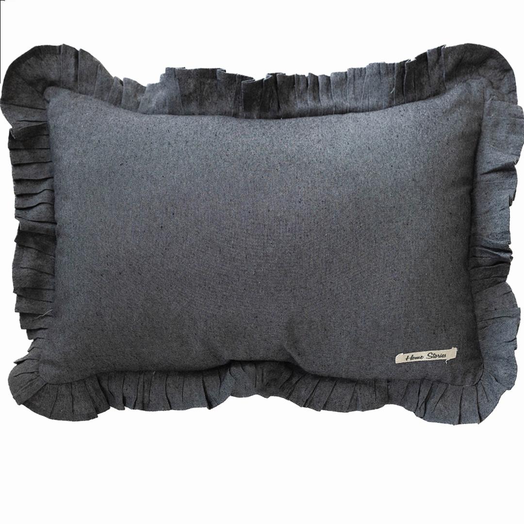 Rectangular Gray With Ruffled Pleated Edges Cushion Cover