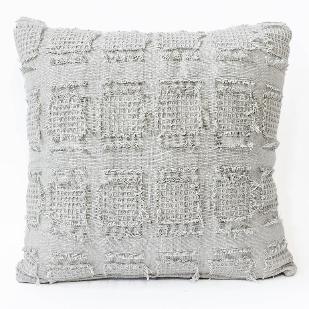 Gray With Square Waffle Print And Fine Fringe Cushion Cover