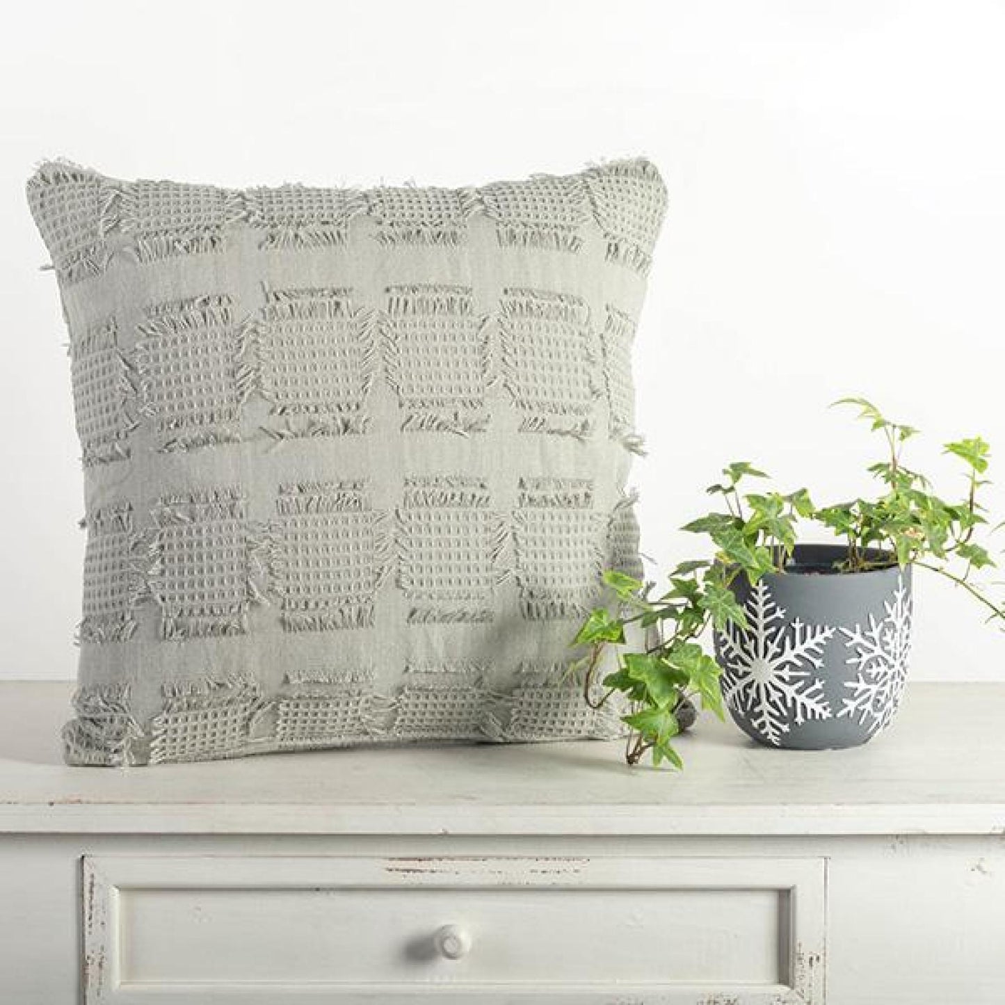 Gray With Square Waffle Print And Fine Fringe Cushion Cover