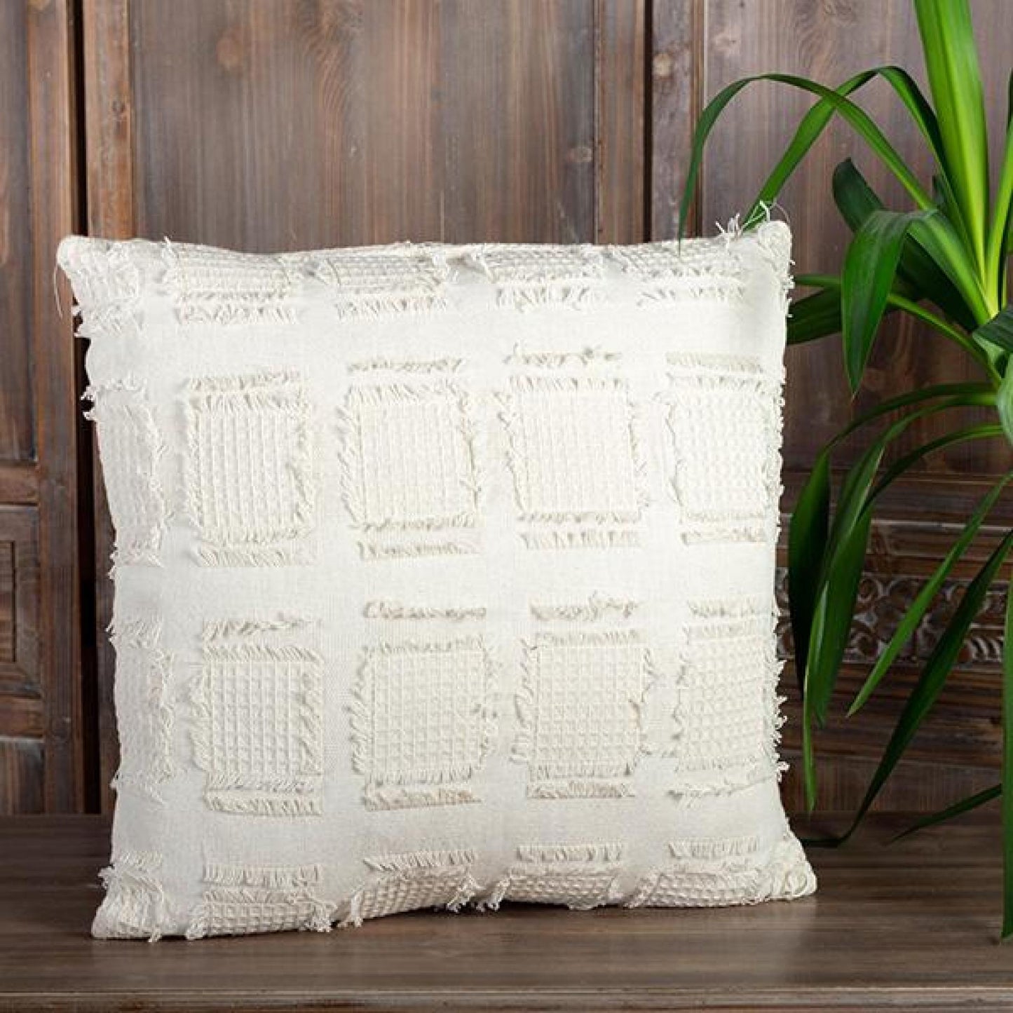 White With Square Waffle Print And Fine Fringe Cushion Cover