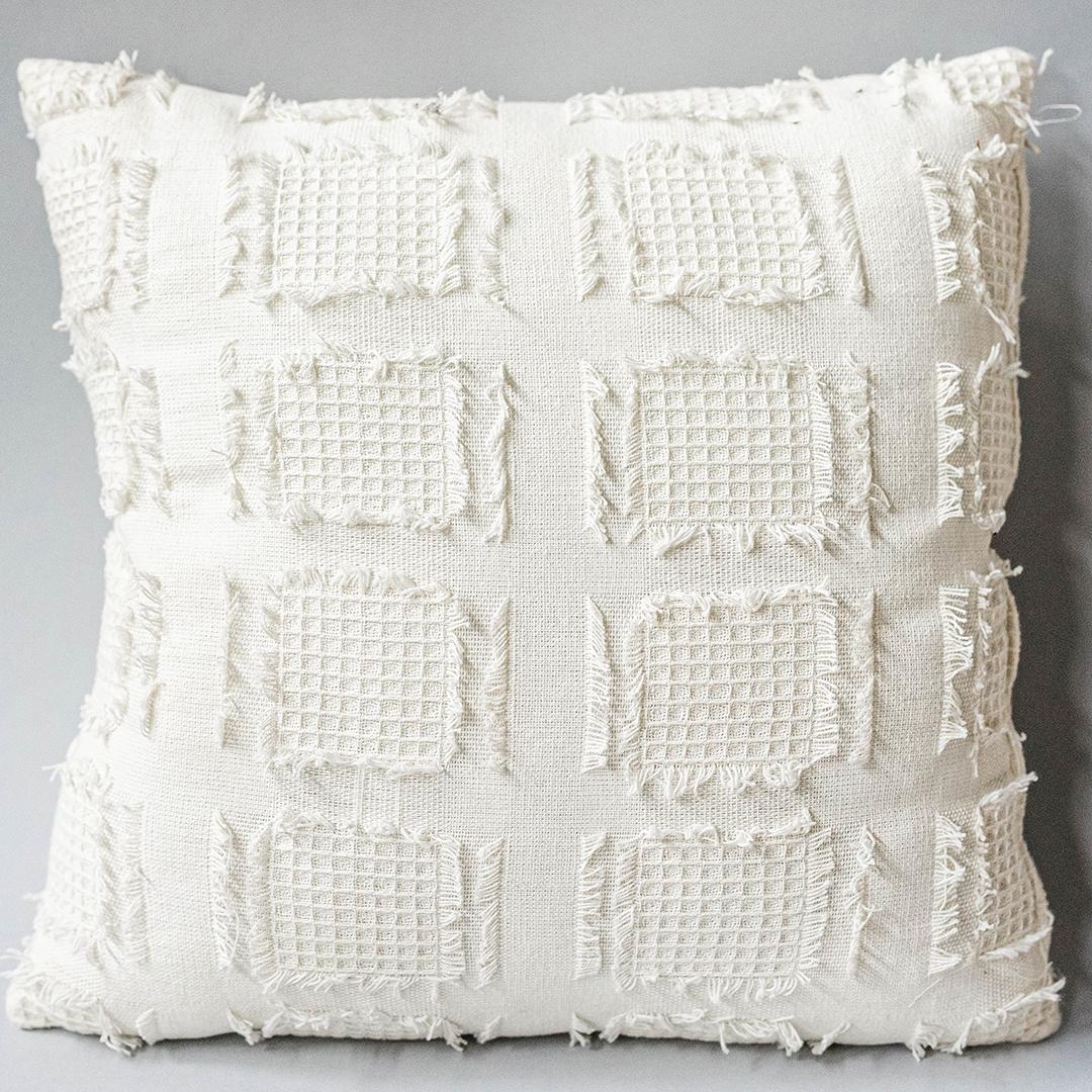 White With Square Waffle Print And Fine Fringe Cushion Cover