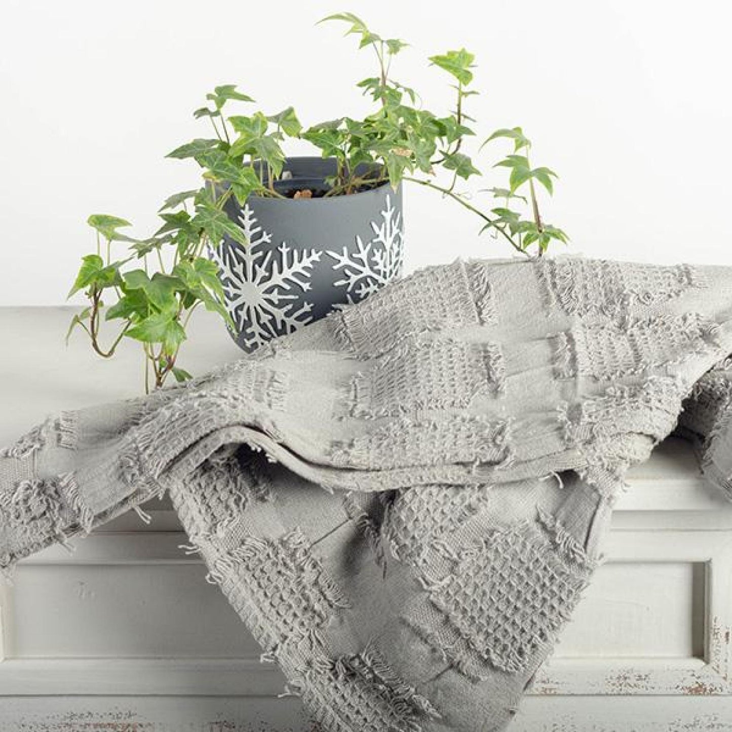 Gray With Square Waffle Print And Fine Fringe Throw