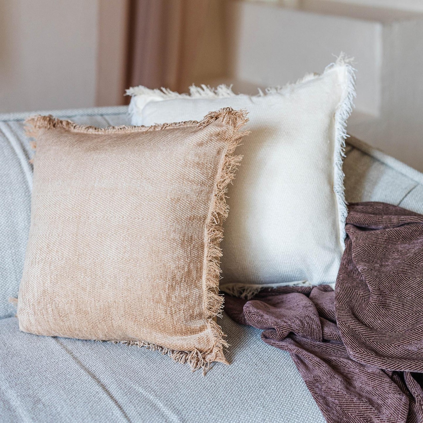 Golden Beige With Fringes Cushion Cover
