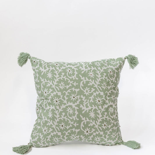 Green With White Floral Pattern And Green Tassels Cushion Cover