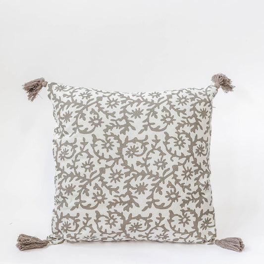 Cream With Brown Floral Pattern And Brown Tassels Cushion Cover