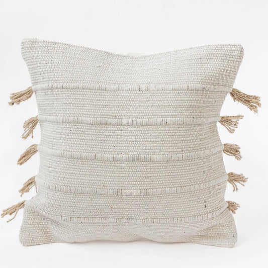 Beige With Horizontal Stripes And Jute Tassels Cushion Cover