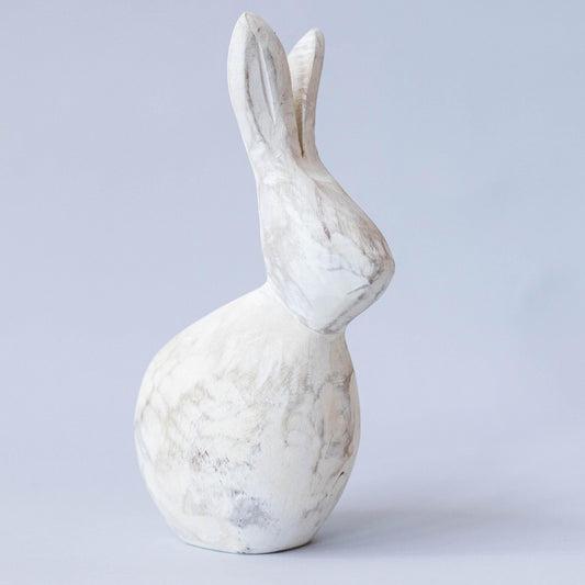 Simple Washed White Carved Bunny Figurine