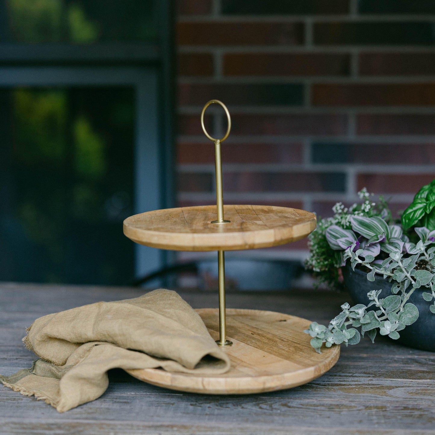 Two-Tier With Metal Handle Round Wooden Tray