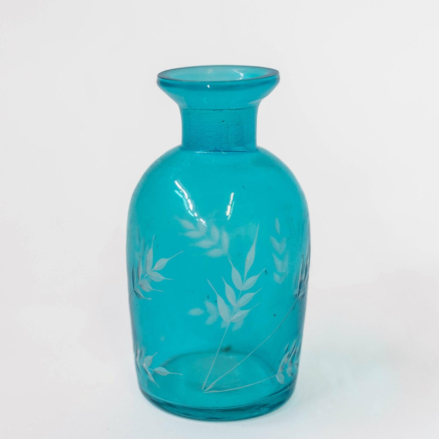 Bright Blue With White Leaf Print Square Decorative Bottle