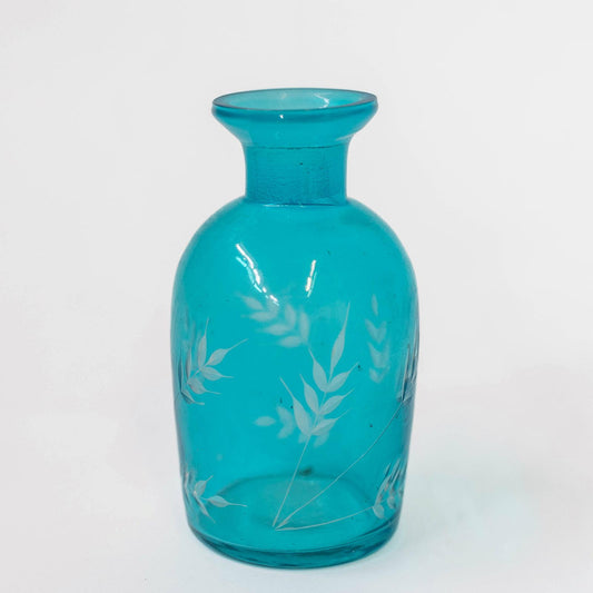 Bright Blue With White Leaf Print Square Decorative Bottle