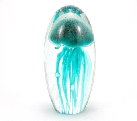 Glowing Turquoise Glass Jellyfish Paperweight