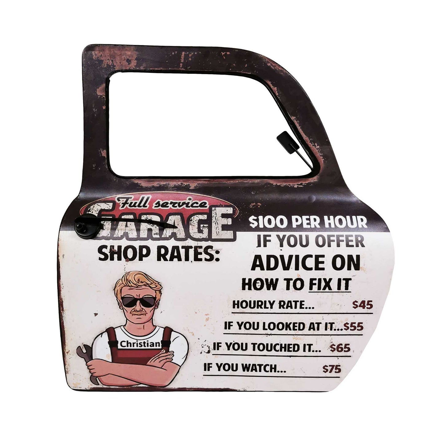 Full Service Garage Shop Rates On Car Door Sign