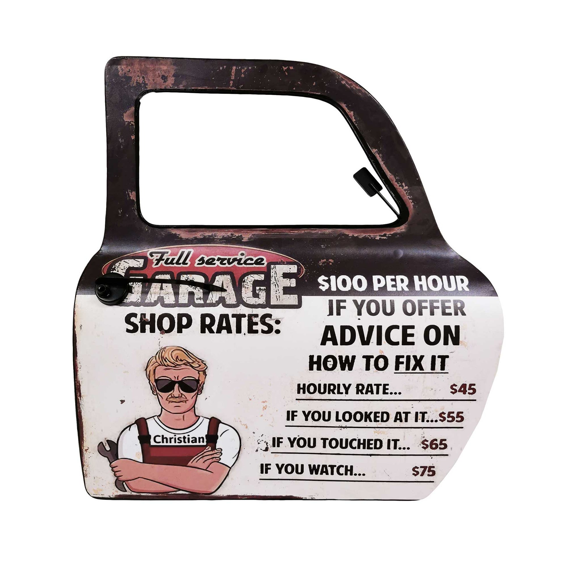 Full Service Garage Shop Rates On Car Door Sign