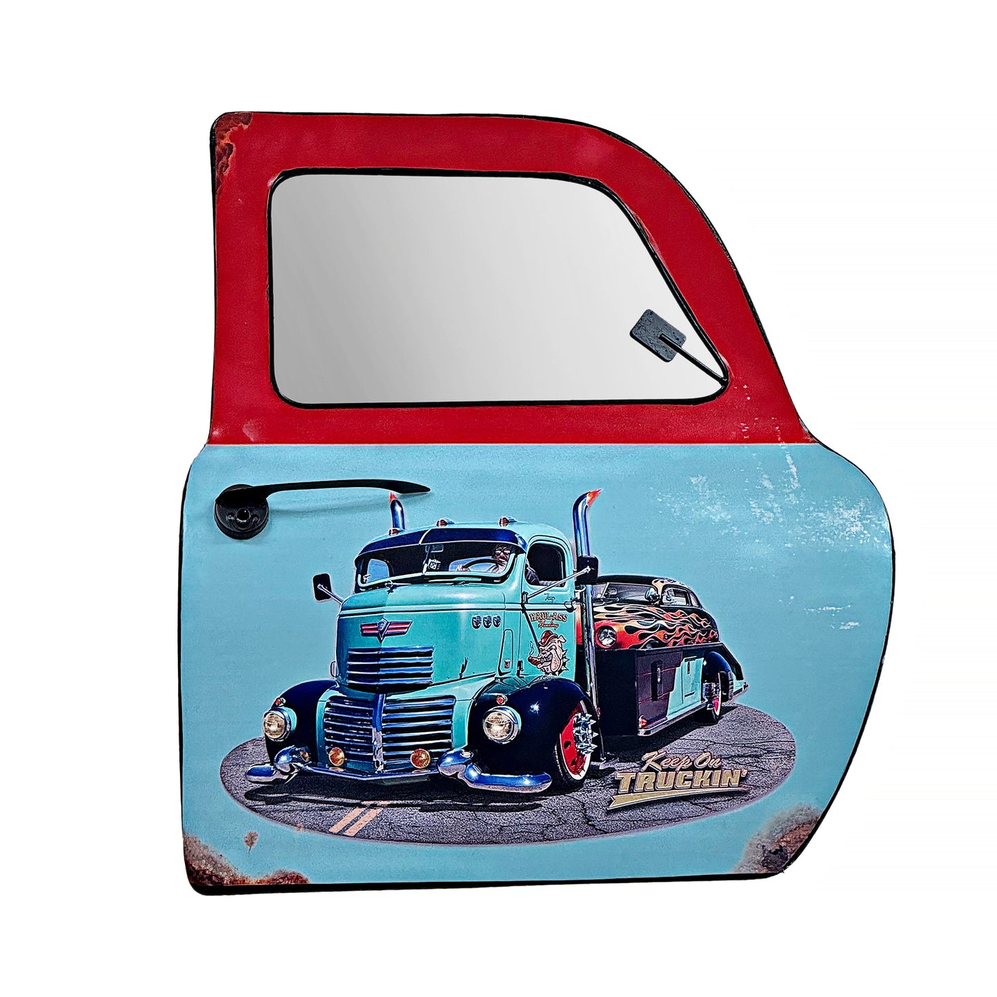 Gearhead Keep On Truckin Truck And Muscle Car Print On Car Door Shaped Wall Mirror