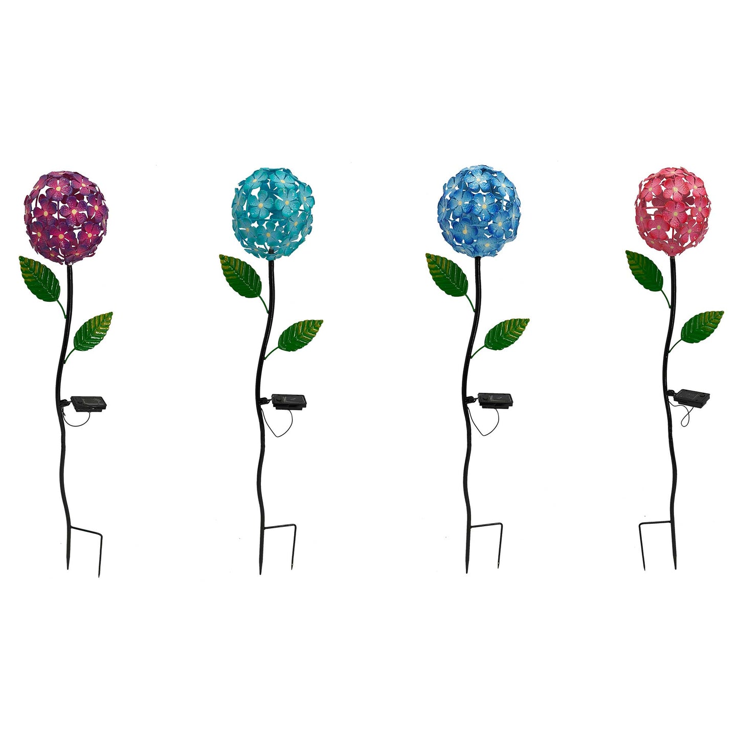 Set Of 4 Assorted Colors Hydrangeas Solar Stake