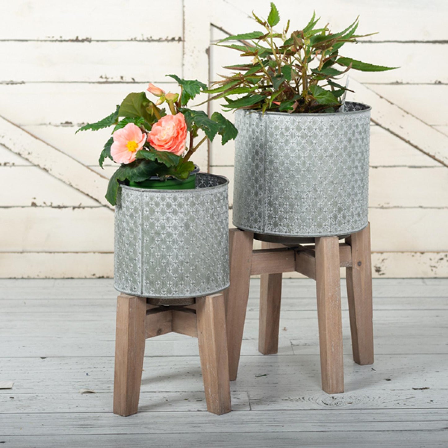 Set Of 2 White Washed Gray Patterned Metal Pots On Wooden Legs Planters