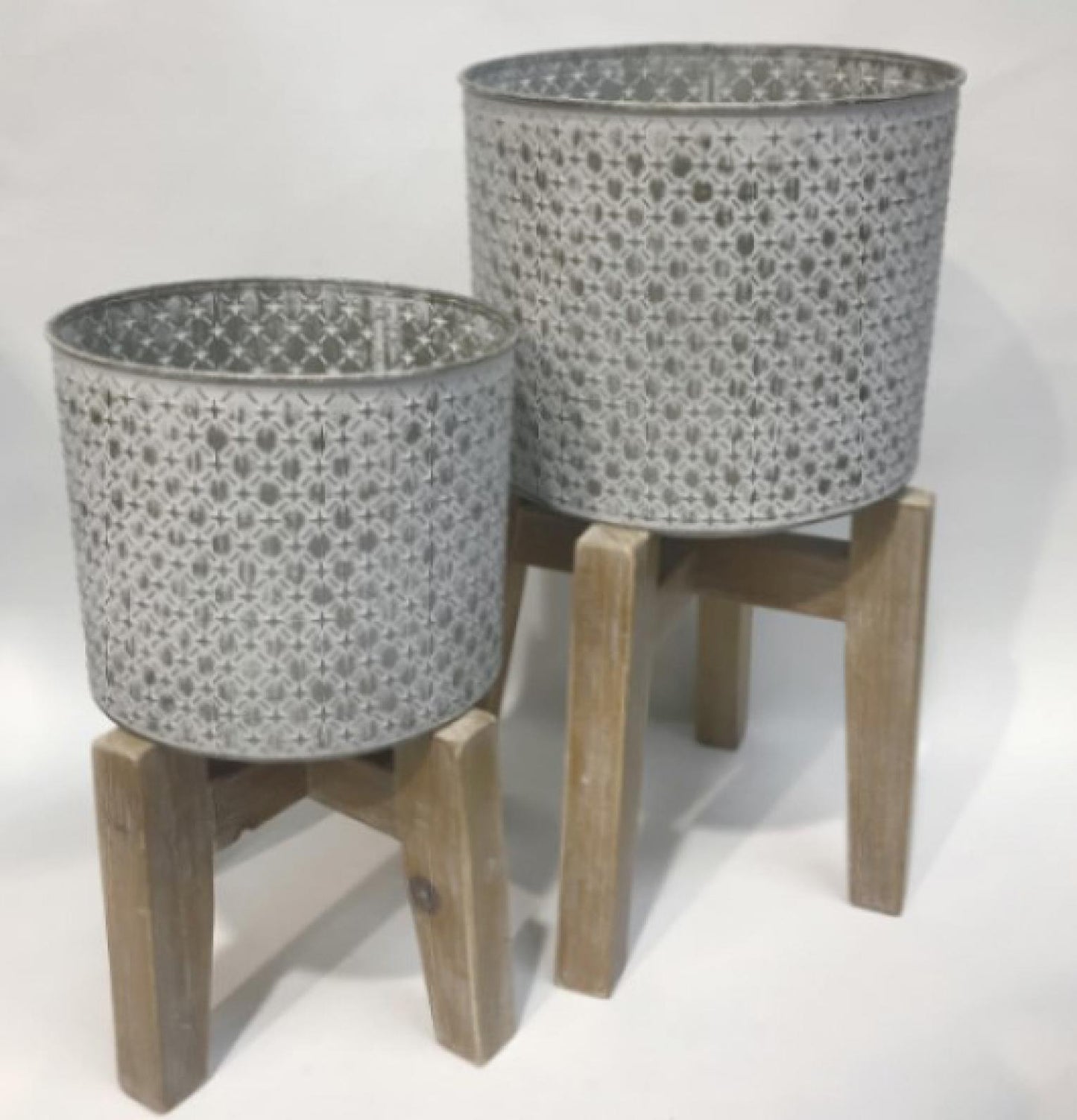 Set Of 2 White Washed Gray Patterned Metal Pots On Wooden Legs Planters