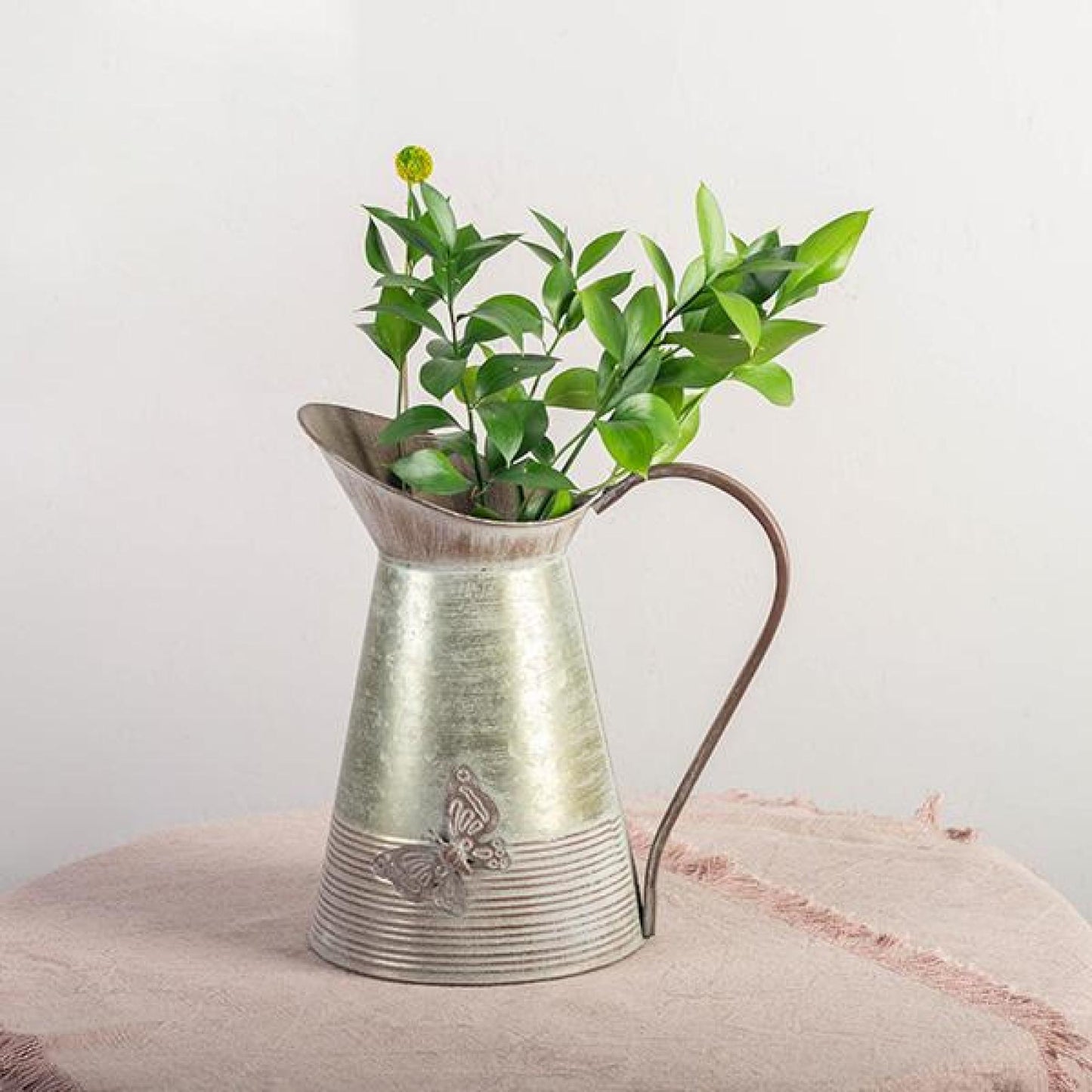 Washed White On Rust Color Metal With Butterfly Decorative Pitcher/ Vase