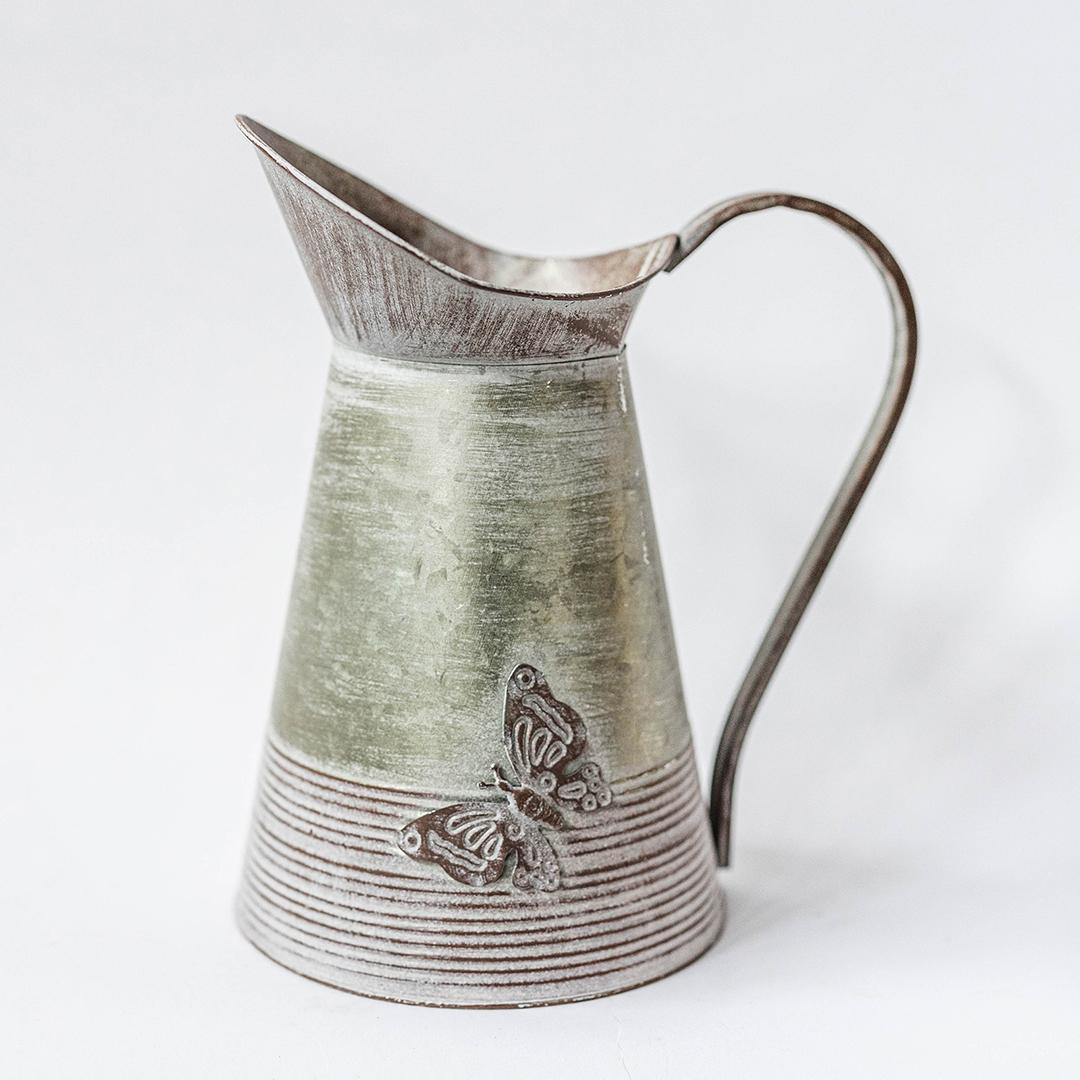 Washed White On Rust Color Metal With Butterfly Decorative Pitcher/ Vase