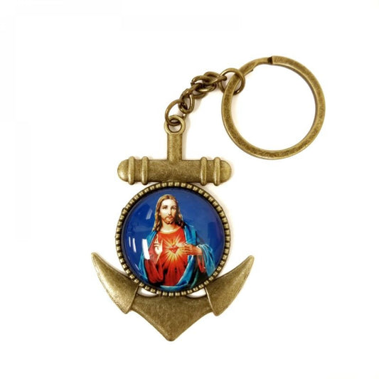 Antique Finish Sacred Heart Of Jesus Anchor Key Chain