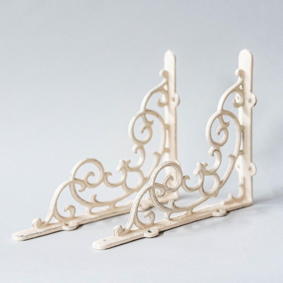 Set Of 2 Antique Cream Scroll Work Cast Iron Shelf Bracket