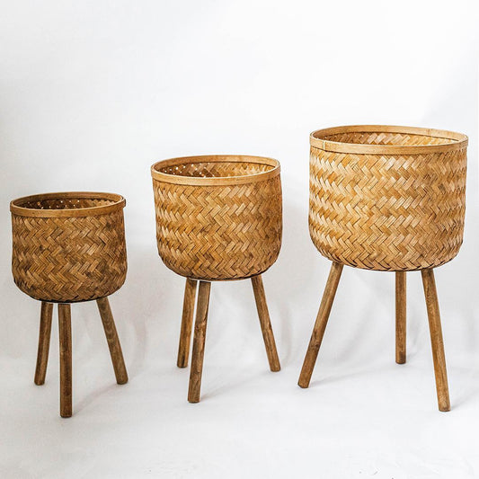 Set Of 3 Brown Bamboo On Wooden Tripod Legs Plant Stand