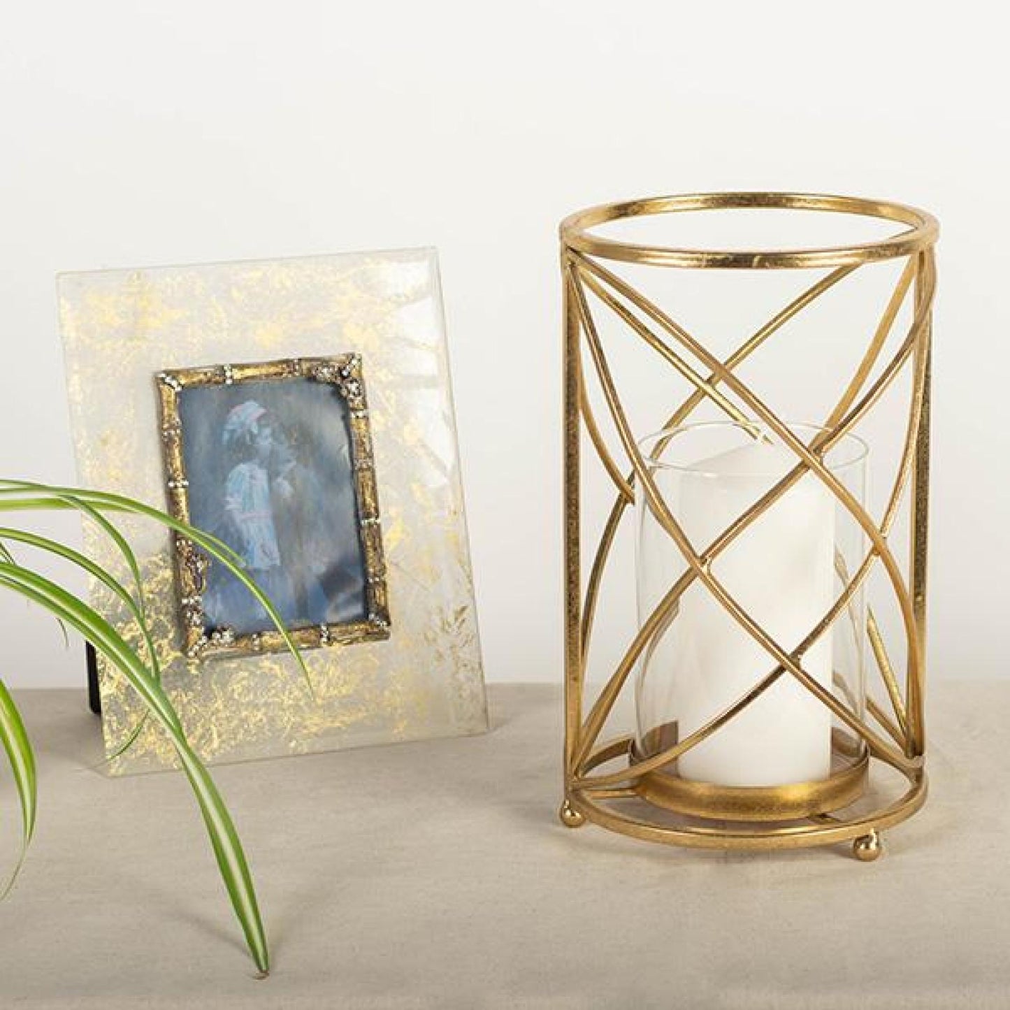 Gold Metal Pillar Hurricane Candle Holder