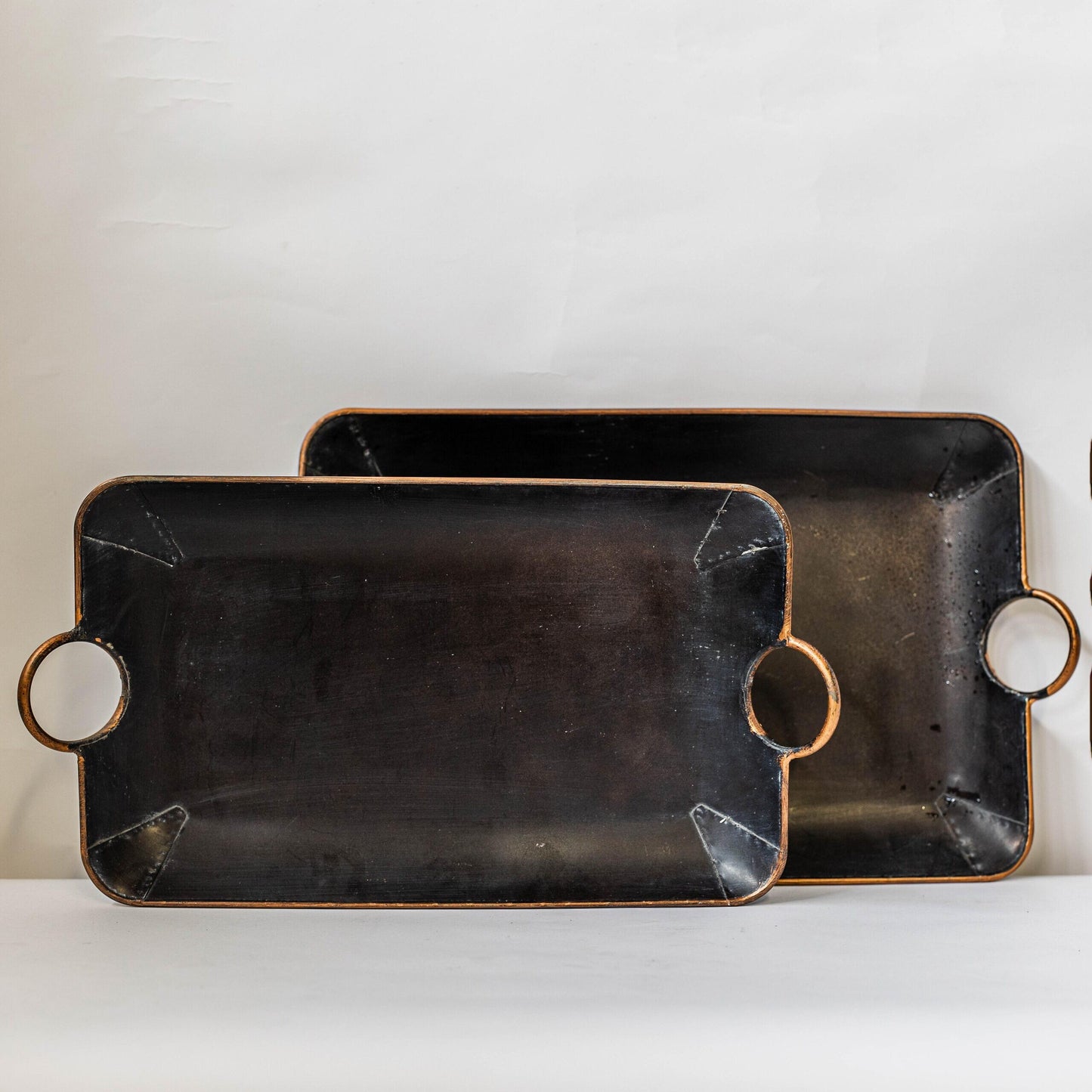 Set Of 2 Rectangular Black Metal With Copper Color Trim And Handles Decorative Trays