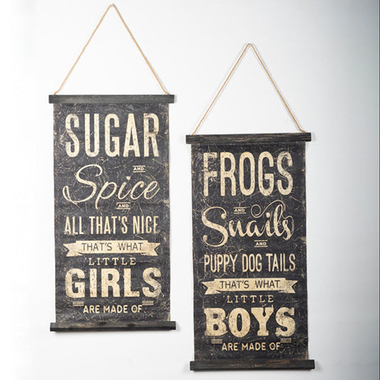 Set Of 2 Little Girls And Little Boys With Text Canvas Scrolls Wall Decor