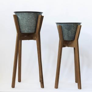 Set Of 2 Metal Pots On Wooden Legs Plant Stand