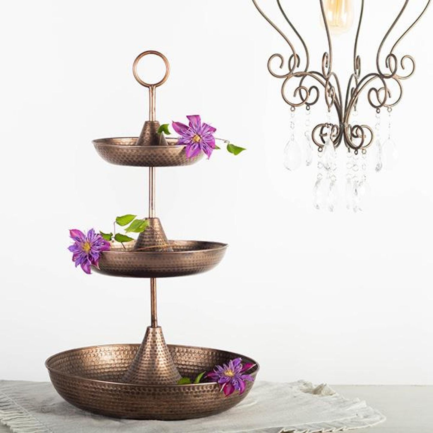 Bronze Color Metal Three Tier With Handle Round Tray