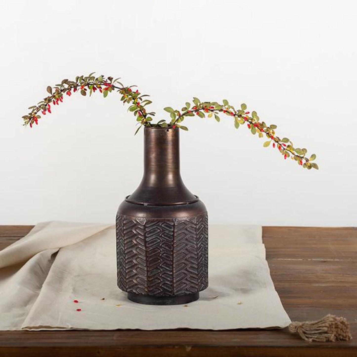 Blackened Copper Color Metal Bottle Shaped Vase