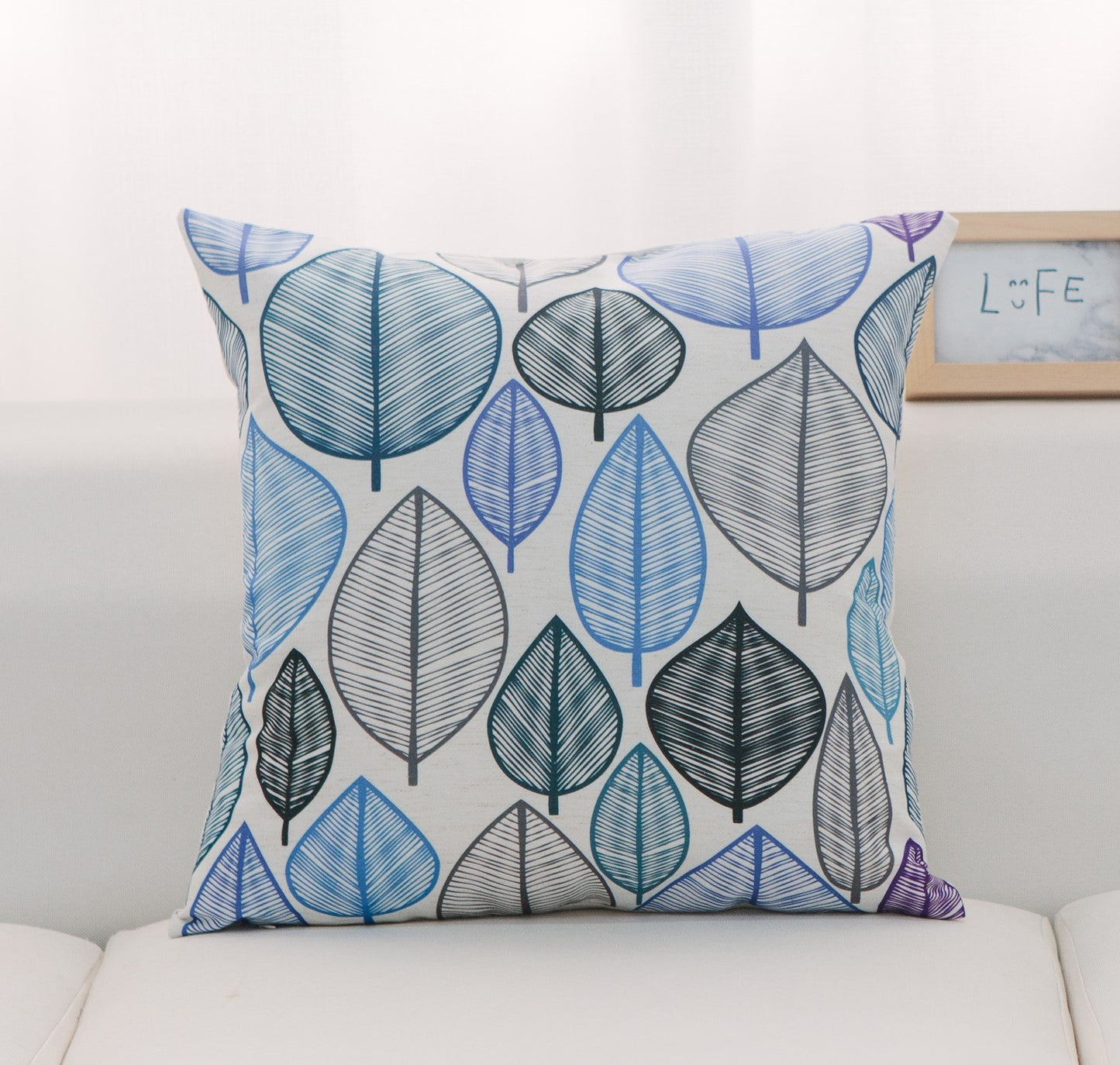 Blue, Gray And Black Leaves With Polyester Insert Pillow