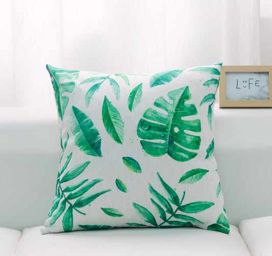 Green Tropical Leaves With 100% Polyester Insert Pillow