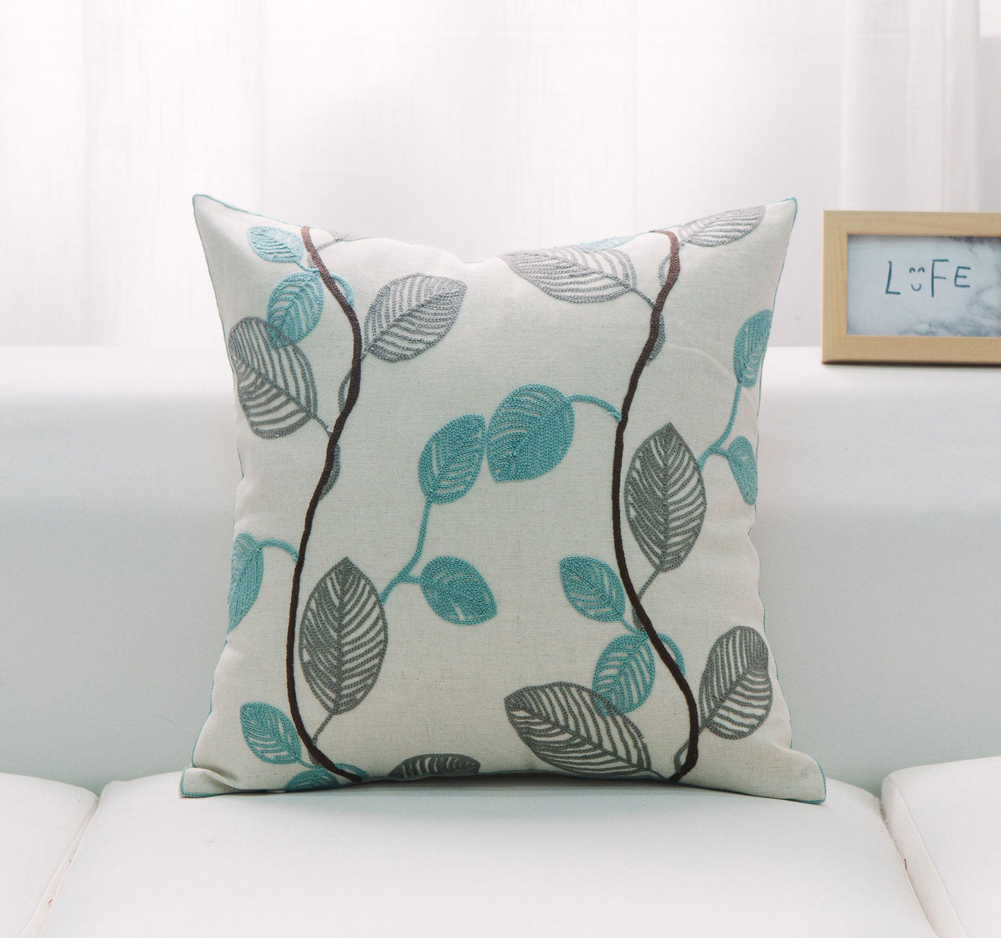 White With Teal And Gray Leaves And Feather Down Insert Pillow