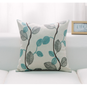 White With Teal And Gray Leaves And Feather Down Insert Pillow