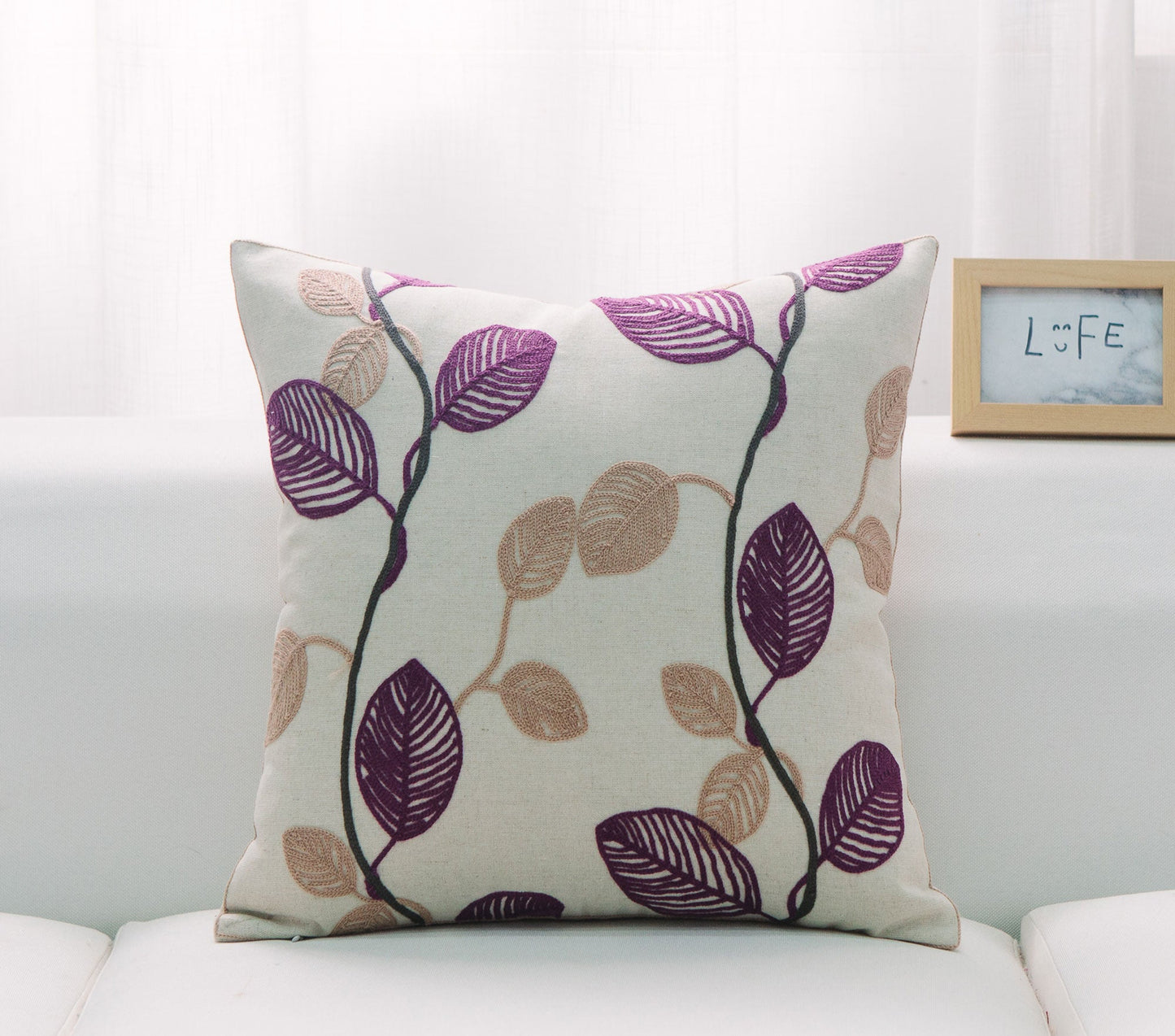 White With Purple And Beiges Leaves And Feather Down Insert Pillow