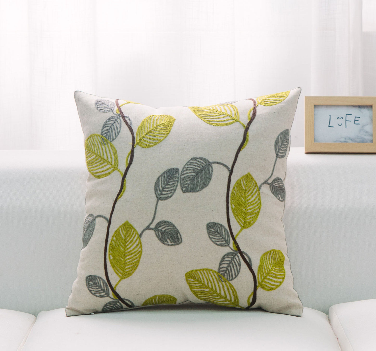 White With Lime Green And Gray Leaves And Feather Down Insert Pillow