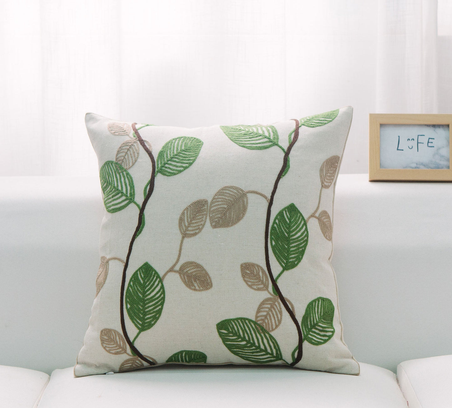 White With Green And Beige Leaves And Feather Down Insert Pillow