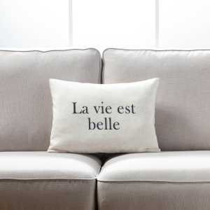 La Vie Est Belle Text On White With Feather Down Insert Pillow