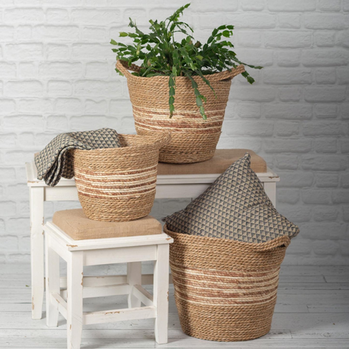 Set Of 3 Multi Color Striped With Handles Baskets